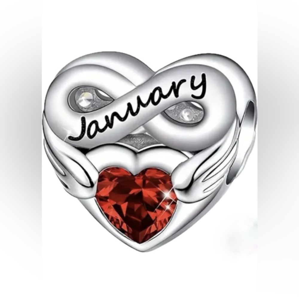 January Engraved Across Heart Infinity Charm with Red Gemstone